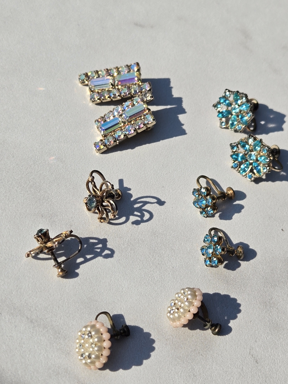 Vtg Costume Earring Lot 5 Pairs Screw Back Clip On Rhinestone Pearl Retro